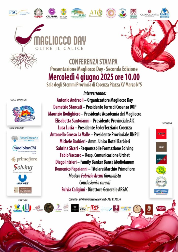 Mercoledì 4 giugno alle ore 11:00 si terrà la Conferenza Stampa di presentazione del Magliocco Day, seconda edizione presso la Sala degli Stemmi, Provincia di Cosenza Piazza XV Marzo N°5